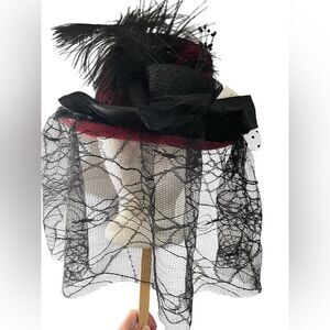 Steampunk Red Felt Hat Lace Spiderweb Veil   Feather Halloween